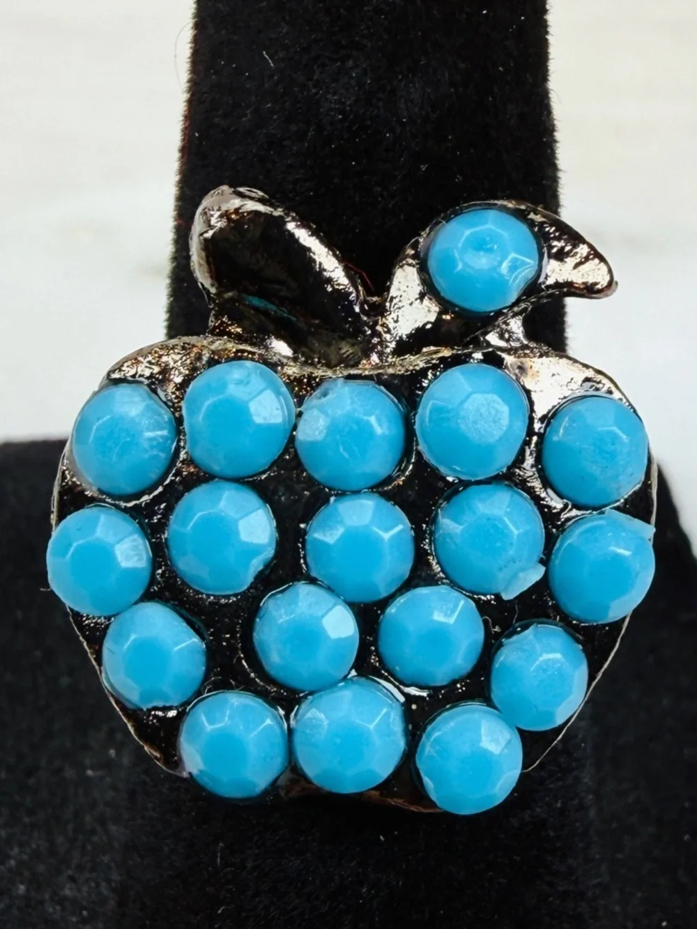 Black gunmetal Blue accents Apple Shaped size 7 adjustable ring